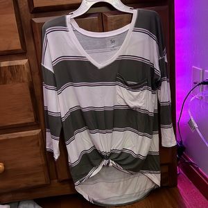Green and white striped shirt with pocket & knot tied at bottom